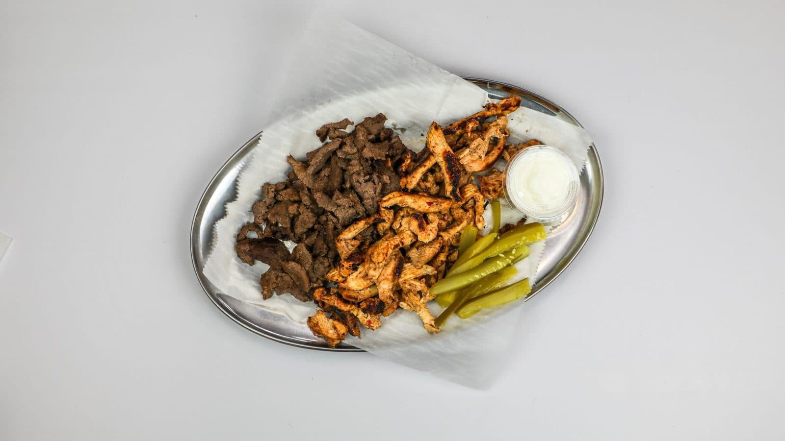 Mixed beef and chicken shawarma plate