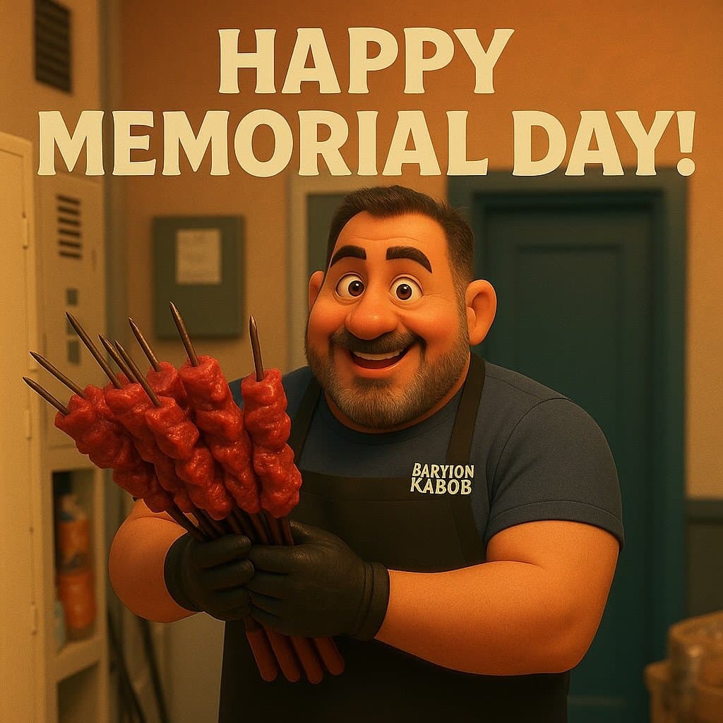 Animated Pixar-style illustration of Mohammed Alshara holding kabob skewers at Babylon Kabob